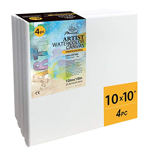 Product Cover PHOENIX Stretched Watercolor Canvas - 10x10 Inch/4 Pack - 3/4 Inch Profile Professional Artist Painting Canvas for Water Soluble Paints