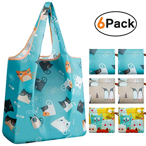 Product Cover REGER Foldable Grocery Shopping Bags Compact Pocket Durable Bulk Eco Friendly Small Size 35lbs Capacity Penguin Cats(Penguin Cats,Pack of 6)
