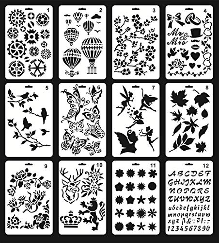 Product Cover Plastic Stencils for Painting, 12Pcs Bullet Journaling Stencils for Crafts 5.7x9.6 Inches