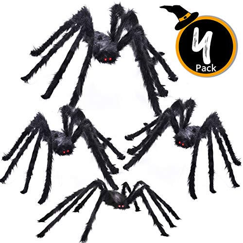 Product Cover F FiGoal 4 Pack Halloween Giant Spider Spooky Hairy Spiders Halloween Indoor and Outdoor Yard Decoration Scary Creepy Black Spiders (Different Sizes up to 50'')
