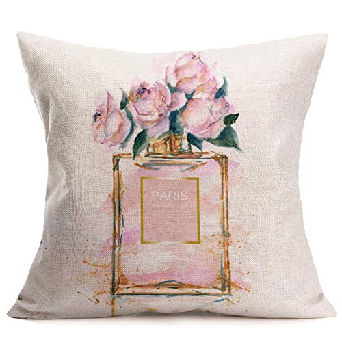 Product Cover ShareJ Perfume Bottle Decorative Throw Pillow Cover Roses Cotton Linen Modern Rustic Pillow Cases Square Cushion Cover for Sofa Couch Home Car Bedroom Living Room Decor 18