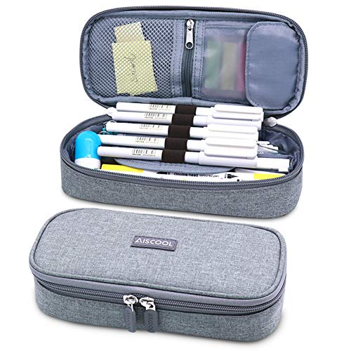 Product Cover Aiscool Big Capacity Pencil Case Holder Bag Pen Organizer Pouch Stationery Box for School Supplies Office Stuff (Gray) - 8.5x4x2.4 inchs