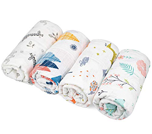 Product Cover Kingrol 4 Pack Baby Muslin Swaddle Blankets, Soft Unisex Swaddle Wrap for Boys and Girls, Foxes/Elk/Elephants