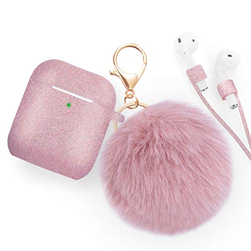 Product Cover Airpods Case - Bluewind Drop Proof Air Pods Protective Case Cover Silicone Skin, with Cute Fur Ball Airpods Keychain/Strap, Portable Apple Airpods Accessories (Glitter Rose Gold)