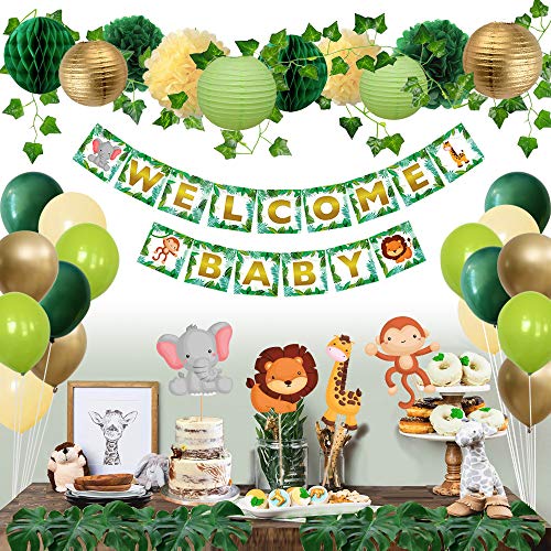 Product Cover Sweet Baby Co. Jungle Theme Safari Baby Shower Decorations with Banner, Animal Centerpieces, Tropical Leaves, Greenery Garland, Lanterns, Pom Poms, Honeycomb | Neutral Party Supplies for Boy or Girl