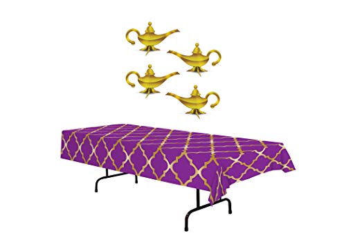Product Cover Arabian Nights Party Table Décor | Includes Purple & Gold Lattice Tablecover and 3-D Foil Lamp Centerpieces