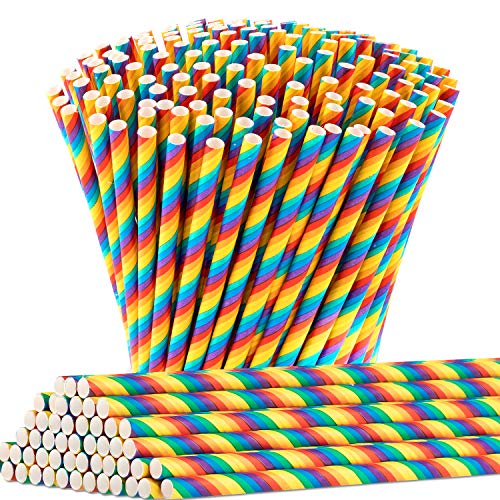 Product Cover 300PCS Biodegradable Rainbow Paper Straws, Whaline Bulk Colorful Drinking Straws for Birthday, Wedding, Anniversary, Pride Day Party Supplies Decorations