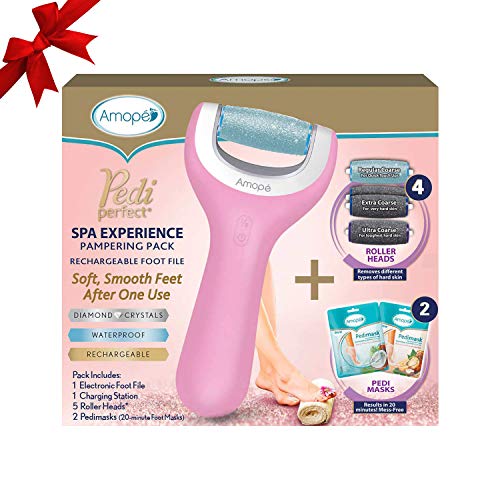 Product Cover Amopé Pedi Perfect Spa Experience Pampering Pack, Wet & Dry Electronic Foot File, Waterproof, Rechargeable, Cordless, Dual Speed Includes 4 Rollers & 2 Pedimask