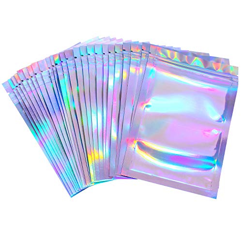 Product Cover 100 Pieces Resealable Smell Proof Bags Foil Pouch Bag Flat Ziplock Bag for Party Favor Food Storage (Holographic Color, 5 x 7 Inches)
