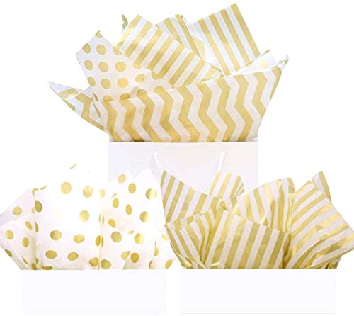 Product Cover UNIQOOO 60 Sheets Premium Metallic Gold Tissue Gift Wrap Paper Bulk - Stripe, Polka Dot, Wave Gold - 20