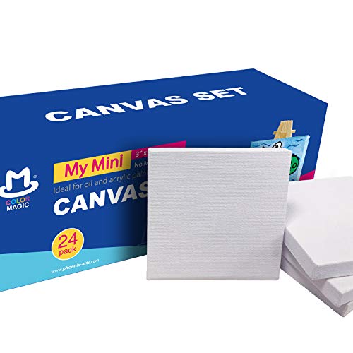 Product Cover COLOR MAGIC Mini Stretched Canvas - 3x3 Inch/24 Pack - 2/5 Inch Profile Square Canvas for Kids, Ideal for Painting & Craft