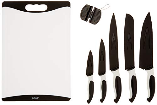 Product Cover EatNeat 12-Piece Black Sharp Knife Set: 5 Stainless Steel Kitchen Knives with Covers, Cutting Board and Sharpener