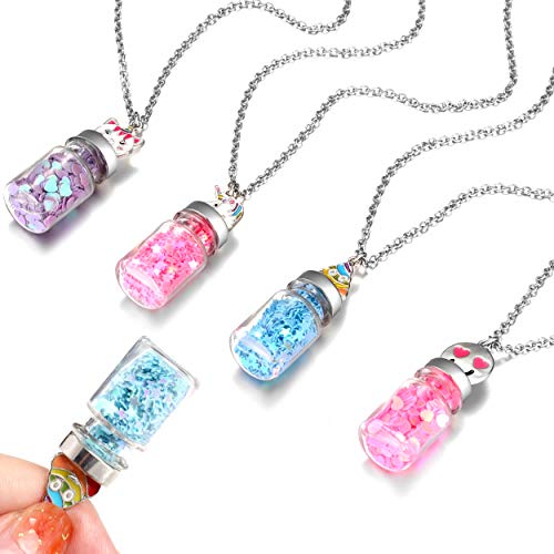 Product Cover 4 Cute Pixie Dust Necklaces for Girls , Mini Glass Bottle Necklaces for Little Girls with Glitter - Party Favors for kids, Stocking Stuffers for Girls, Goodie Bag Fillers, Jewelry For Little Girls