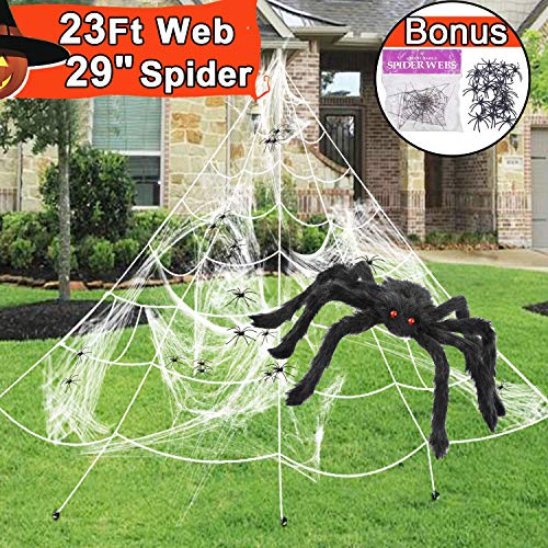 Product Cover 16.5 Feet Spider Web Halloween Decorations Outdoor, Triangular Huge Spider Webs with Super Stretch Cobwebs 20 Small Spiders 1.5