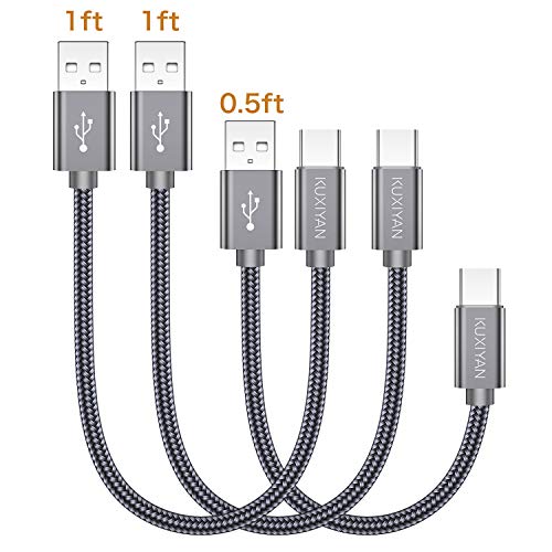 Product Cover Short USB C Cable,3-Pack(2x1ft + 0.5ft) USB Type C Charger Nylon Braided Fast Charging Cord Compatible Samsung Galaxy S10+ S9 S8 Plus,Note 9 8,LG G5 G6 G7 V35,Google Pixel,Moto Z2 Z3,Power Bank(Grey)