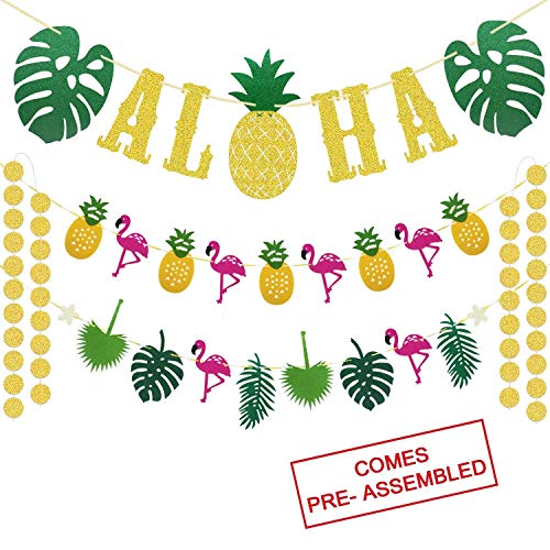 Product Cover Hawaiian Aloha Party Decorations - Large Gold Glittery Aloha Banner and Flamingle Pineapple Garland For Luau Party Supplies - Tropical Theme Summer Beach Pool Party Decorations - Luau Birthday Bachelorette Wedding Party Decor