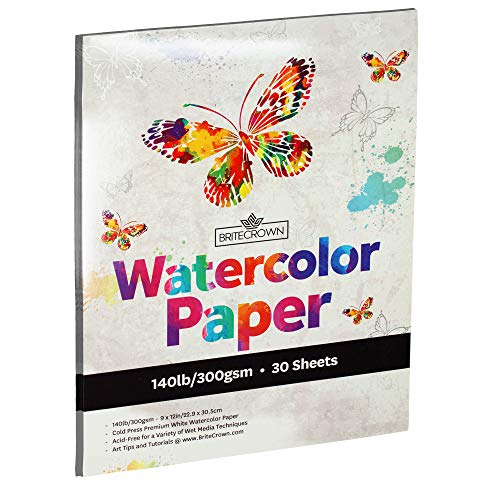 Product Cover Brite Crown Watercolor Paper Pad - 140lb/300gsm - Bright White 30 Sheets (9x12) Cold Press Texture, Acid Free Watercolor Paper for Kids, Teens and Adult Painters, Wet Media & Mixed Media Artists