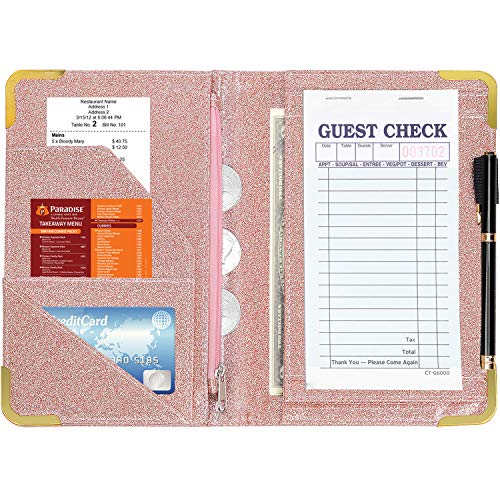 Product Cover CoBak Server Book - Waitress Book Organizer with Zipper Pouch for Restaurant Waitstaff, 5 Large Pockets with Pen Holder, Pink Glitter