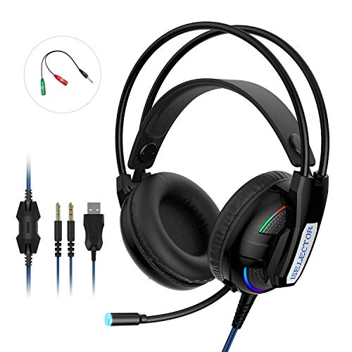 Product Cover ISELECTOR Gaming Headset Headphones with Surround Sound - for PS4, PC, Xbox One, Noise Cancelling Over Ear Gaming Headset with Mic, Cool Lights, Comfortable Earmuffs for Laptops Mac Nintendo Switch