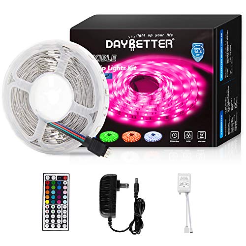 Product Cover Led Strip Lights 16.4ft 5m Flexible Color Changing RGB Led Light Strip 5050 150leds LED Tape Lights Kit with 44 Keys IR Remote Controller and 12V Power Supply