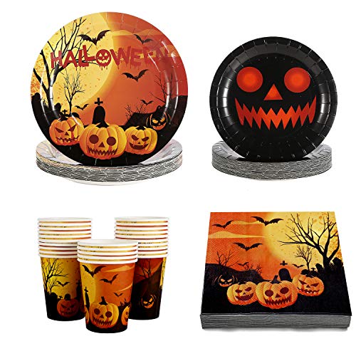 Product Cover Halloween Plates Cups Napkin Disposable Tablerware Serve 25 for Halloween Pumpkin Party Supplies