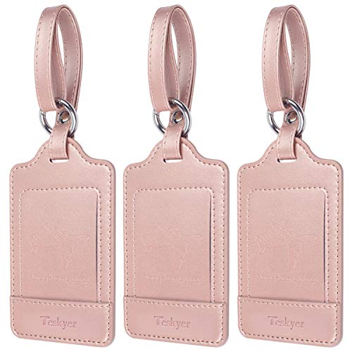 Product Cover Luggage Tags, 3 Pack Teskyer Premium PU Leahter Luggage Tags Privacy Protection Travel Bag Labels Suitcase Tags-Rose gold