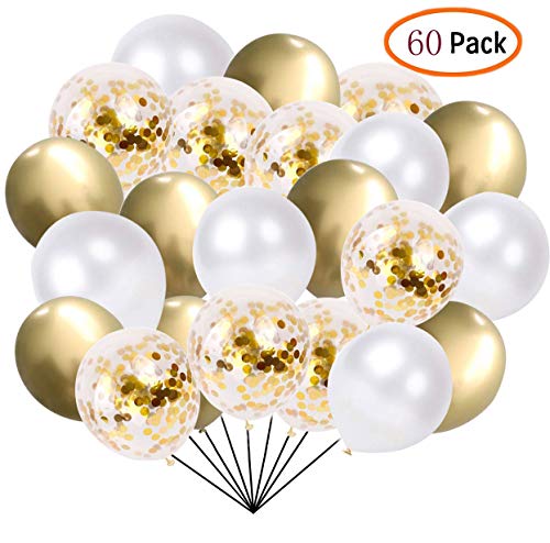 Product Cover 60 Pcs Pack-White, Gold, Golden Confettii Balloons，Set for Father's Day Weddings Birthday Party Decoration,Bridal & Baby Showers Balloons 12 Inch