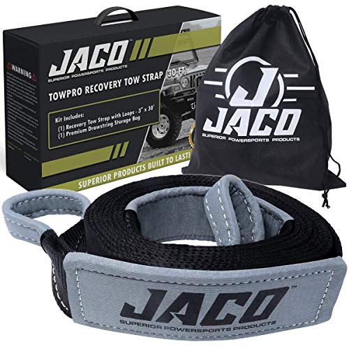 Product Cover JACO TowPro Recovery Tow Strap (3 in x 30 ft) | 4x4 Trail Rated | AAR Certified Break Strength (31,518 lbs) | Heavy Duty Off Road Recovery Strap with Closed Loops | Emergency Towing Rope