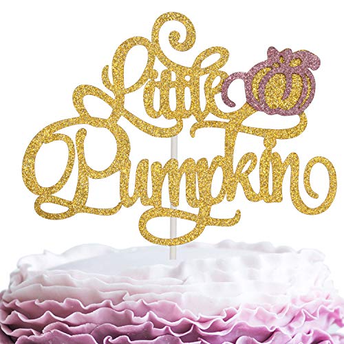 Product Cover Little Pumpkin Birthday Cake Topper - Gold Glitter Welcome Baby Cake Décor - Baby Shower Fall Gender Reveal - Happy Halloween Autumn Party Decoration