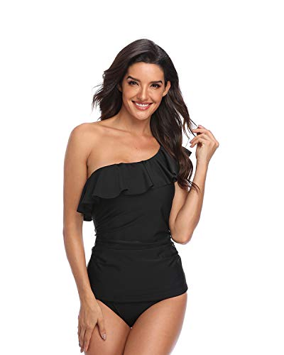 Product Cover Yonique Womens Two Pieces Ruched Tankini Swimsuit One Shoulder Ruffle Swimwear