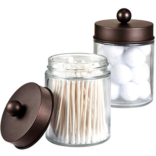 Product Cover Apothecary Jars Bathroom Storage Organizer - Cute Qtip Dispenser Holder Vanity Canister Jar Glass with Lid for Cotton Swabs,Rounds,Bath Salts,Makeup Sponges,Hair Accessories/Bronze (2 Pack)