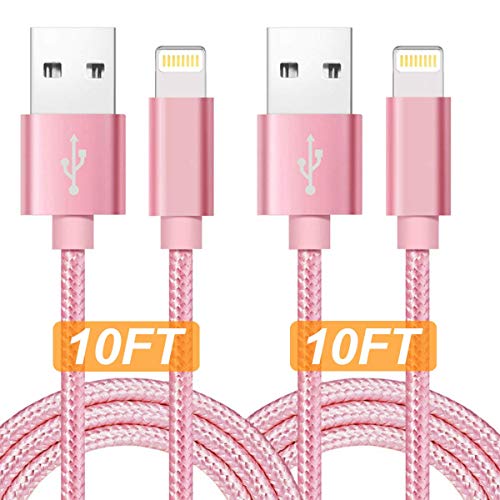Product Cover Boost Chargers 2 Pack 10 Feet Extra Long Nylon Braided Fast Charging USB Power Charge & Sync Cable Cord Compatible with iPhone XR XS MAX X iPhone 8 8Plus 7 7 Plus 6S 6S Plus 6 Plus 5 SE & More - Pink