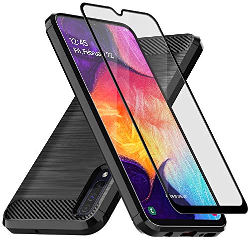 Product Cover Muokctm Samsung Galaxy A50 Case, with Tempered Glass Screen Protector, Slim Soft TPU Protective Rubber Bumper Case Cover for Samsung Galaxy A50 Phone