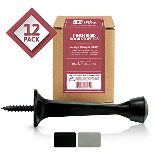 Product Cover Jack N' Drill 3-Inch Rigid Door Stop (12 Pack) - Heavy Duty Solid Metal Door Stopper | Prevents Wall & Door Damage - Rigid Rubber Tip Door Stop for Kitchen, Bedroom, Office, Garage