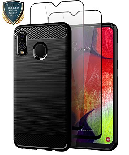 Product Cover Teayoha Samsung Galaxy A20 Case with Tempered Glass Screen Protector [2 Pack], Carbon Fiber Scratch Resistant, Shock Absorption Soft TPU Drawing Protective Cases Cover for Galaxy A20/ A30 - Black