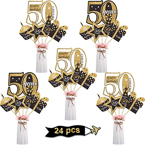 Product Cover Blulu Birthday Party Decoration Set Golden Birthday Party Centerpiece Sticks Glitter Table Toppers Party Supplies, 24 Pack (50th Birthday)