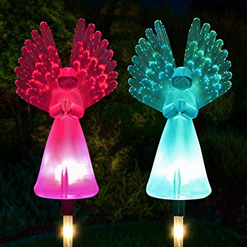 Product Cover Solar Lights Outdoor - Kearui 2 Pack Solar Stake Light with Fiber Optic Angel Decorative Lights, Multi-Color Changing LED Solar Lights for Yard Decorations, Garden Gifts
