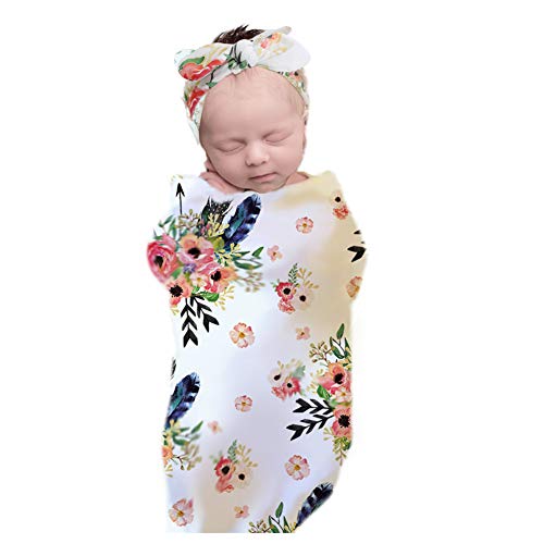 Product Cover 3-Pieces Set Newborn Receiving Swaddle Cocoon Sack Newborn Baby Boys Girls Sleep Blanket with Bow Headband Set Baby Props Infants Receiving Blankets(Ruffle Feather Floral)