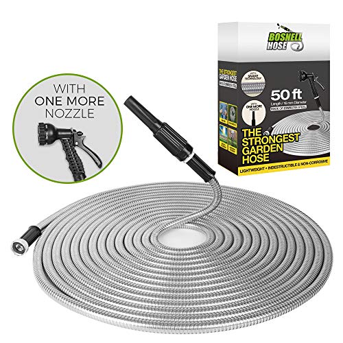 Product Cover BOSNELL 50FT Metal Garden Hose, Dog Free and Kink Free, Stainless Steel Hose Nozzle, Lightweight, Ultra Flexible and Tangle Free, Cool to Touch, Outdoor Hose