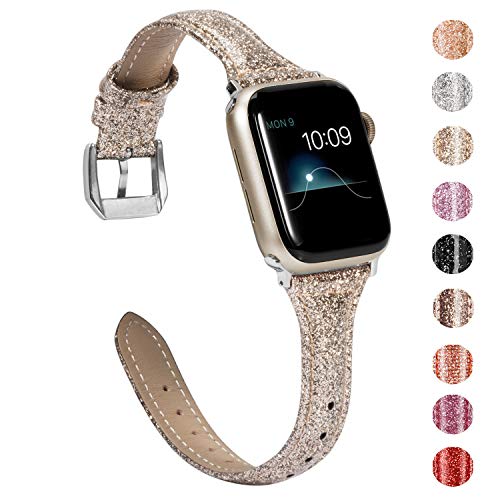 Product Cover Wearlizer Gold Thin Glitter Leather Compatible with Apple Watch Bands 38mm 40mm Womens for iWatch Slim Wristband Glistening Strap Replacement Bracelet with Silver Metal Clasp Series 5 4 3 2 1 Edition
