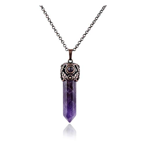 Product Cover Top Plaza Amethyst Healing Crystal Stone Hexagonal Prism Gemstone Quartz Pendant Necklace Retro Antique Brass Chakra Jewelry for Womens Girls