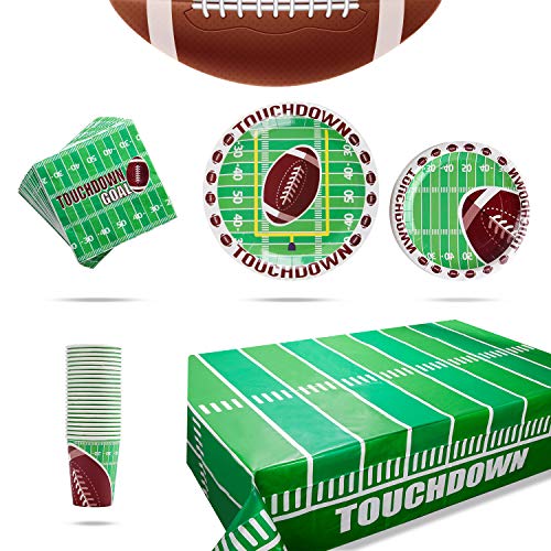 Product Cover Football Theme Decoration Party Supplies Pack for 25 People, Includes 25 Dinner Plates, 25 Small Plates, 25Napkins, 25 Cups &1 Football Tablecloth- Perfect for Football Party Games or Birthday Party