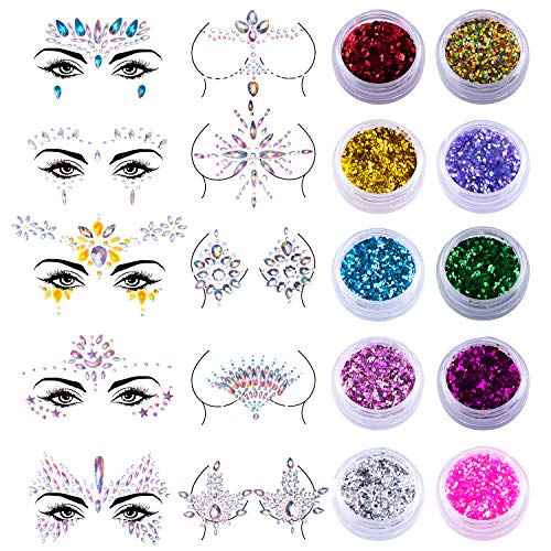 Product Cover SIQUK 10 Sets Face Jewels Body Gems Stickers Mermaid Face Body Jewels Crystal Stickers with 10 Boxes Chunky Face Glitter for Festival Rave Party