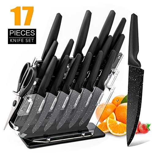 Product Cover Knife Set, HOBO 17-Piece Kitchen Knives Set, German Stainless Steel Chef Knife Set with Acrylic Block, 6 Steak Knives, Professional Non-Slip Handle, Kitchen Scissors, Cooking Black Knife Set