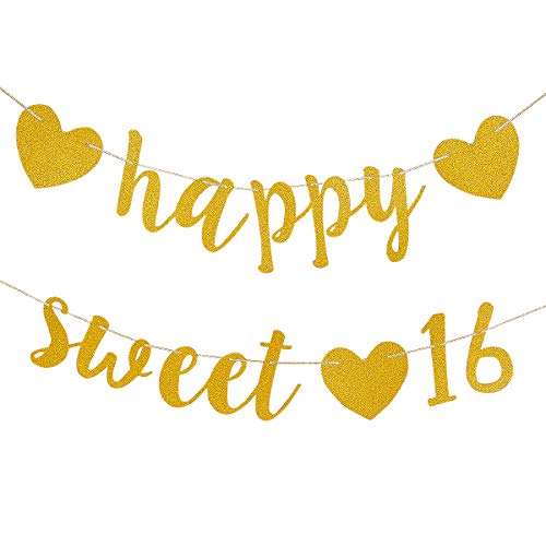 Product Cover Gold Glittery Happy Sweet 16 Birthday Banner- Sixteen Decoration 16th Birthday Party Decoration Supplies
