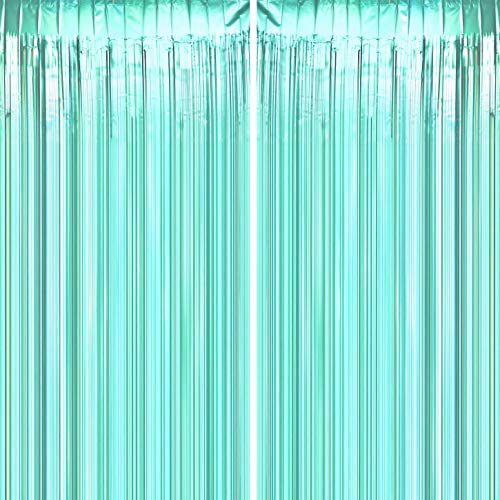 Product Cover Teal Blue Tinsel Foil Fringe Curtains - Under The Sea Baby Shower Birthday Photo Backdrops Bachelorette Wedding Bridal Shower Party Decor Photo Booth Props Backdrops Decorations, 2pc