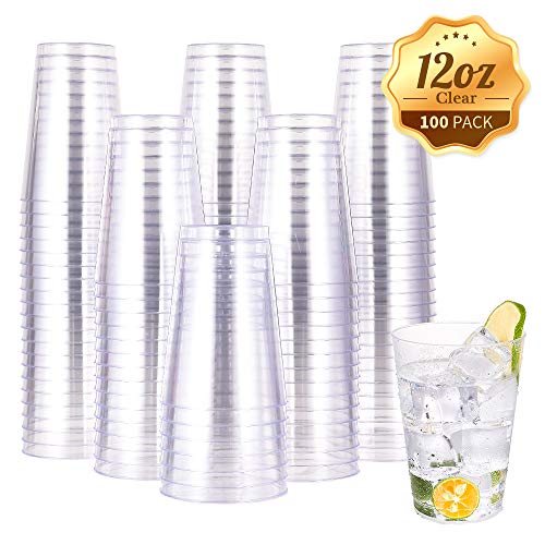 Product Cover 12 OZ Clear Plastic Cups, Heavy-duty Party Glasses, Disposable Plastic Cups for Wedding,Thanksgiving Day, Christmas Party Cocktails Tumblers(100 Count)