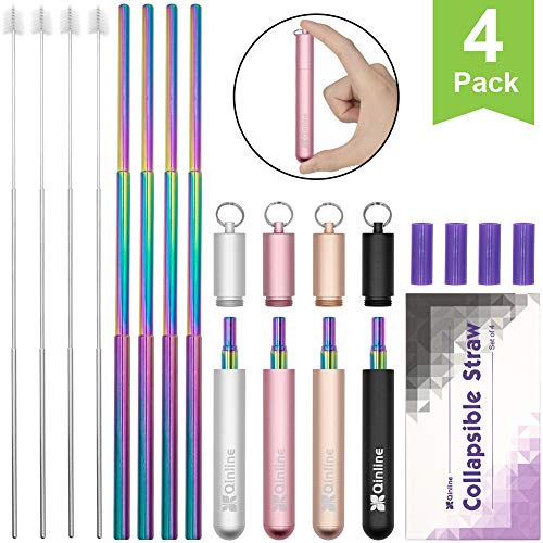 Product Cover 4 Pack 9.25'' Rainbow Reusable Metal Straws Collapsible Stainless Steel Drinking Straw Portable Telescopic Keychain Straw with Cleaning Brush & Case - Great Gift for Mother & Valentine's Day
