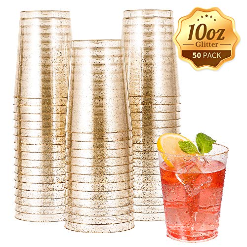 Product Cover 50pcs 10 OZ Gold Plastic Cups, Disposable Gold Glitter Plastic Cups, Clear Plastic Cups Tumblers, Wedding,Thanksgiving, Christmas Party Cups