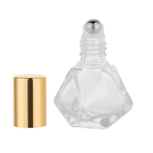 Product Cover 6Pcs 5ml (1/6 oz) DIY Travel Essential Oil Roller Bottle Polygonal Clear Glass Cosmetic Contaners Vials for Essential Oils Perfumes Aromatherapy, 1pc Funnel and Dropper, Roll on Bottles with Gold Cap
